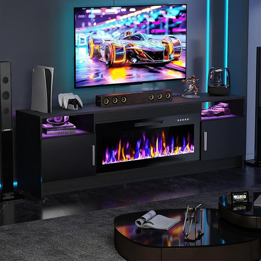Ludatido 70 Inch TV Stand with 36 inch Electric Fireplace 27 LED Light Entertainment Center for TVs Up to 80" Black Modern Wood Media TV Console with Highlight Cabinet for Living Room Black