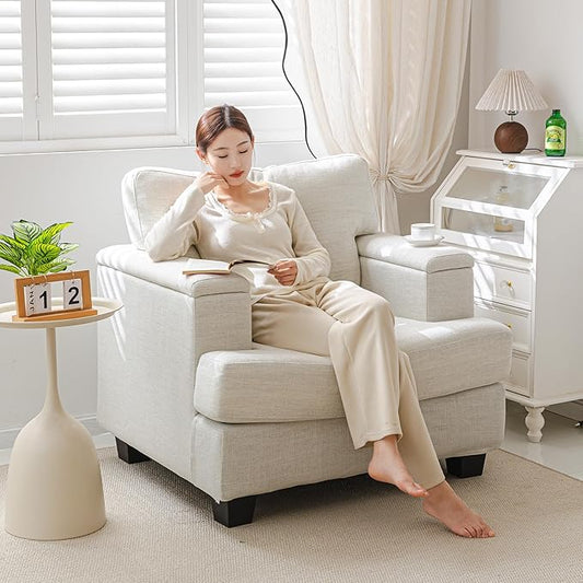 Oversized Accent Chair with Armrest Storage,38”W Big Armchair with 7.8'' Thick Cushion,Deep Seat,Large Comfy Reading Chair, Living Room Chairs,Sofa Chair for Bedroom,Linen