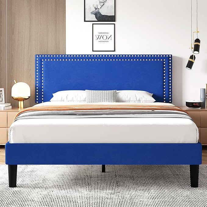 VECELO Bed Frame Full Size with Adjustable Upholstered Headboard, Wooden Slats Platform, Noise-Free Design, Easy Assembly