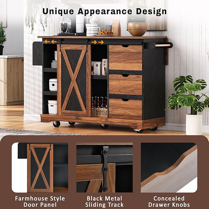 55.5" Farmhouse Kitchen Island Storage Cart with Drop Leaf, Sliding Barn Door, Power Outlet, Spice Rack & 3 Drawers, Rolling Kitchen Cart on Wheels for Kitchen, Dining Room, Black