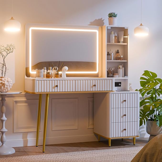 Fluted Vanity Desk with 36" Mirror and Lights, Makeup Vanity Desk with Glass Top, Dressing Table with 5 Drawers & Shelves, Wood Vanity Table for Bedroom(White)