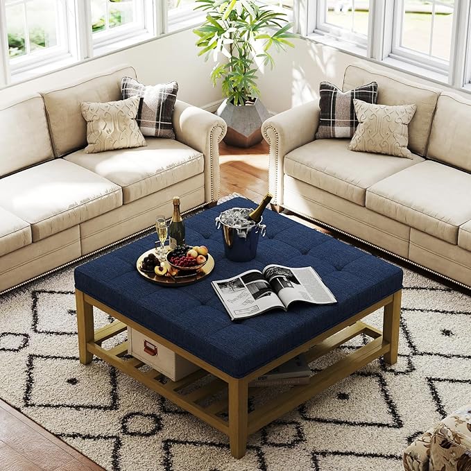 Large Square Ottoman Coffee Table, Linen Solid Upholstered Footrest Ottoman with Solid Wood Shelf Storage Tufted Coffee Table for Bedroom Living Room, Navy Blue