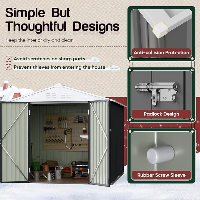 GUNJI 8 x 6 FT Shed Outdoor Storage Shed Metal Garden Shed with Lockable Door Outside Waterproof Tool Shed for Backyard, Patio, Lawn (Gray)