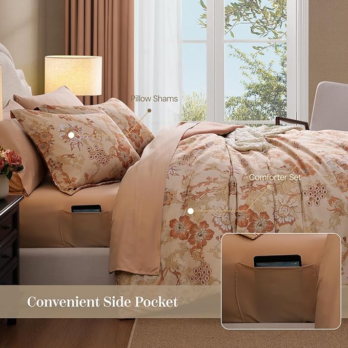 Full Comforter Set -7 Pieces Terrecotta Floral Comforter Set for All Seasons, Bed in a Bag Full with Botanical Flowers Comforter, Sheets, Pillowcases & Shams