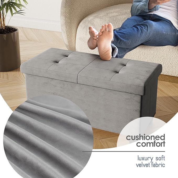 STORAGEBUD Storage Ottoman Bench with Bins, 30-in Storage Bench for Bedroom End of Bed, Folding Foot Rest Ottoman for Living Room Max 660lbs, Velvet Ottomans, Light Grey