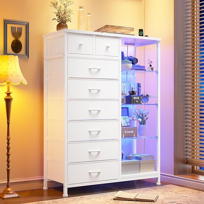 EnHomee Dresser for Bedroom with LED Lights & Power Outlets Tall Dresser with 8 Drawers Fabric Dressers & Chests of Drawers for Bedroom, Closet, Sturdy Metal Frame, Acrylic Plates (White)