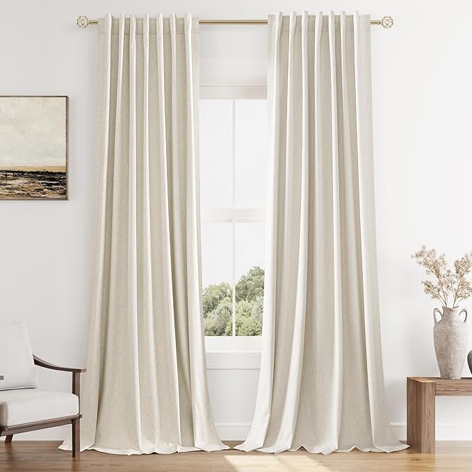 Guken Beige Cream Linen Blackout Curtains 95 Inch Length 2 Panels Set for Living Room Bedroom Back Tab Thermal Insulated 100% Black Out Linen Drapes Room Darkening Window Curtains 95 Inches Long
