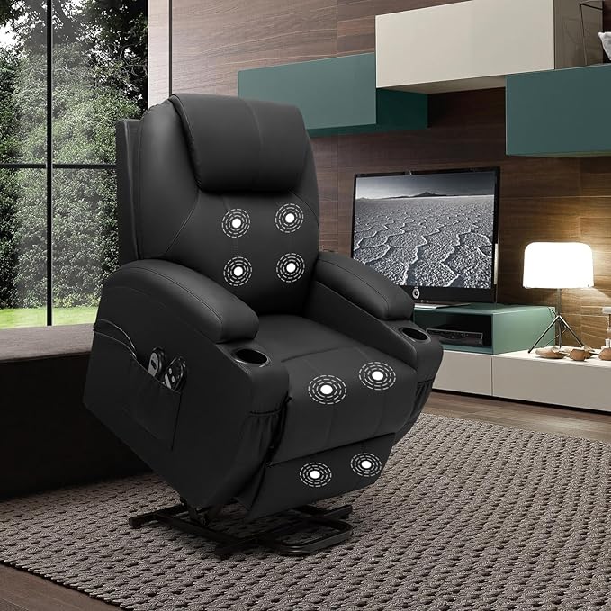 VICTONE Electric Power Lift Recliner Chair for Elderly Reclining Sofa for Living Room with Massage, Side Pockets and Cup Holders (Leather, Black)