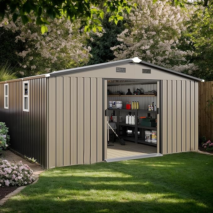12 x 10 FT Outdoor Storage Shed, Metal Garden Tool Shed with Slooping Roof, Lockable Doors, All-Weather Bike Shed Easy to Assemble for Backyard, Patio, Lawn, Brown
