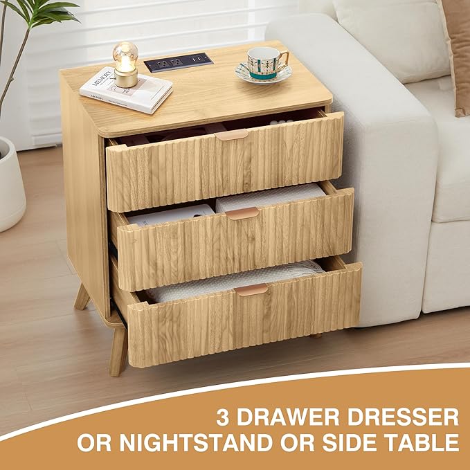 Fluted 3 Drawer Small Dresser for Bedroom, Mid Century Modern Nightstand with Charging Table Top, Low Bedside Table for Closet Cloth, End Table Short Storage, Living Room, Dorm - Natural