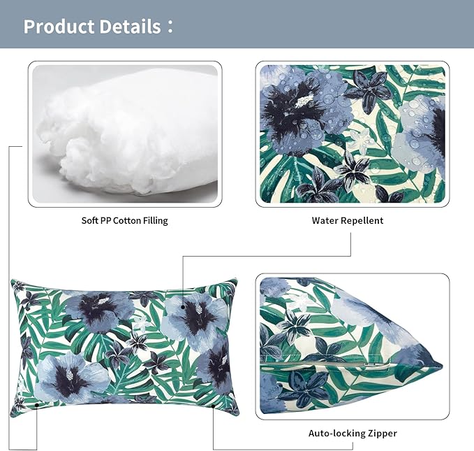 Outdoor Lumbar Pillows 12x20 inch, Rectangle Throw Pillows with Inserts, Decorative Lumbar Cushions for Patio Furniture Garden Couch Home Sofa Office Chair, Pack of 2,Blue Salmone Tropical