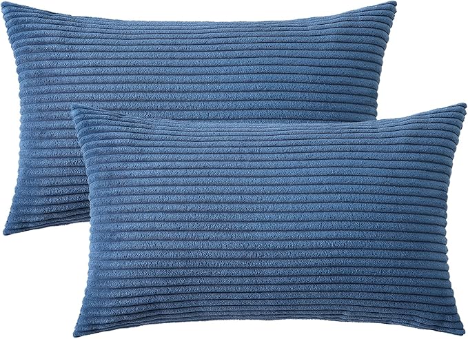 Mecatny Corduroy Decorative Throw Pillow Covers 12x20 Set of 2 for Sofa Living Room, Soft Neutral Boho Couch Pillow Covers for Home Decor, Navy Blue