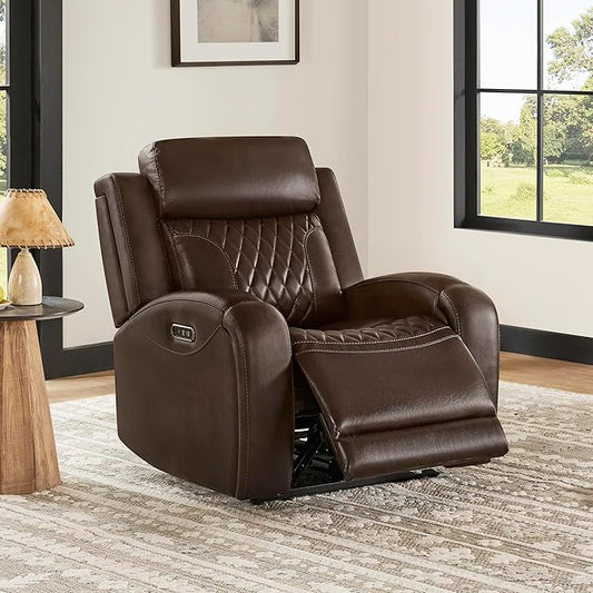 CHITA Genuine Leather Recliner Chair for Adults with Adjustable Power Headrest, Lay Flat Power Recliner with Slide-Out Cupholders & USB/Type-C Ports, Living Room Chair, Brown