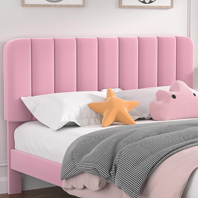 VECELO Queen Size Bed Frame with Upholstered Headboard, Velvet Platform Bedframe Mattress Foundation, Strong Wood Slat Support, No Box Spring Needed, Pink