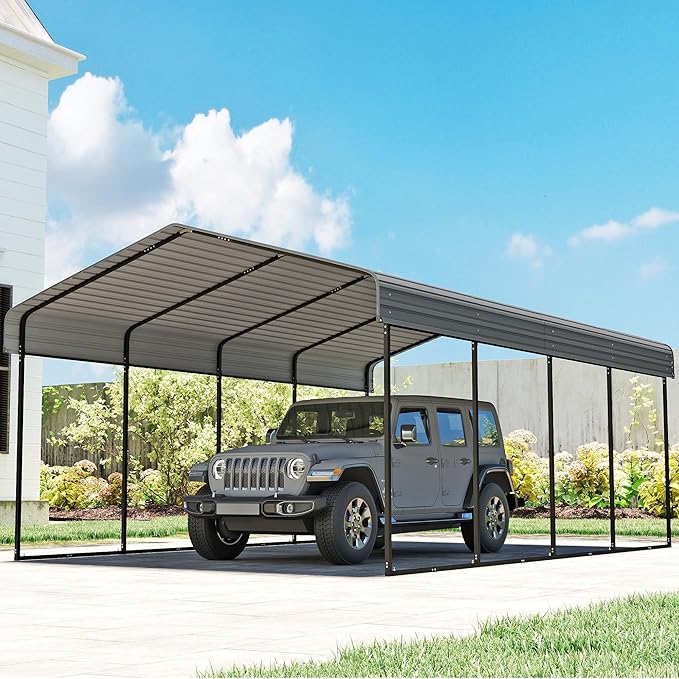 12'x20' Heavy Duty Metal Carport, Outdoor Garage Car Shelter Shade with Heavier Frame, Galvanized Roof for Car and Boats, Grey