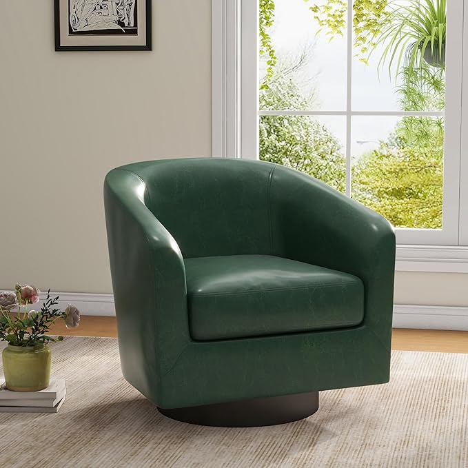 UIXE 360° Swivel Barrel Accent Chair Armchair, PU Leather Round Club Arm Chair for Lving Room, Modern Upholstered Small Bedroom Single Sofa Seat - Green, Set of 4