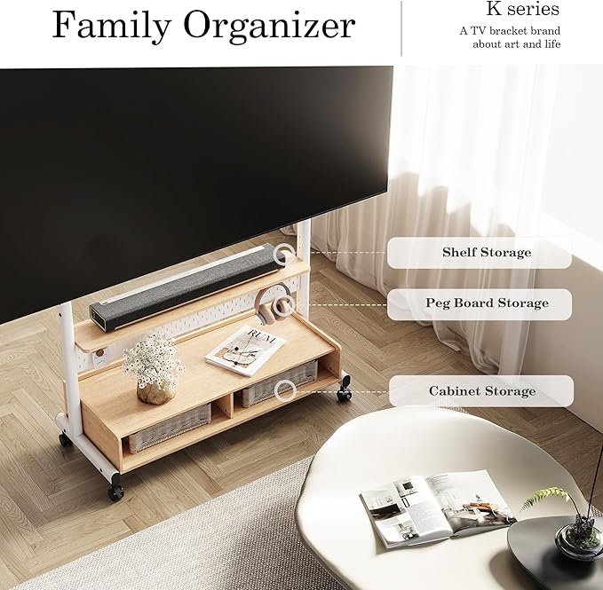 FITUEYES Rolling TV Stand Mount for 70 to 100 Large TV Screens，Mobile TV Floor Stand on Wheels with Ample Storage Pegboard & Wooden Shelf, Rolling TV Cart Hold up to 176 lbs, Max VESA 850 x 600