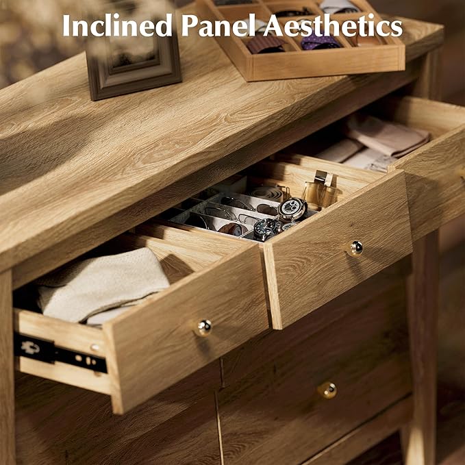 7 Drawers Dresser with Beveled Panel, Farmhouse Chest of Dressers for Bedroom, Wood Dresser TV Stand, Drawer Organizer for Bedroom, Living Room, Hallway, Natural Oak