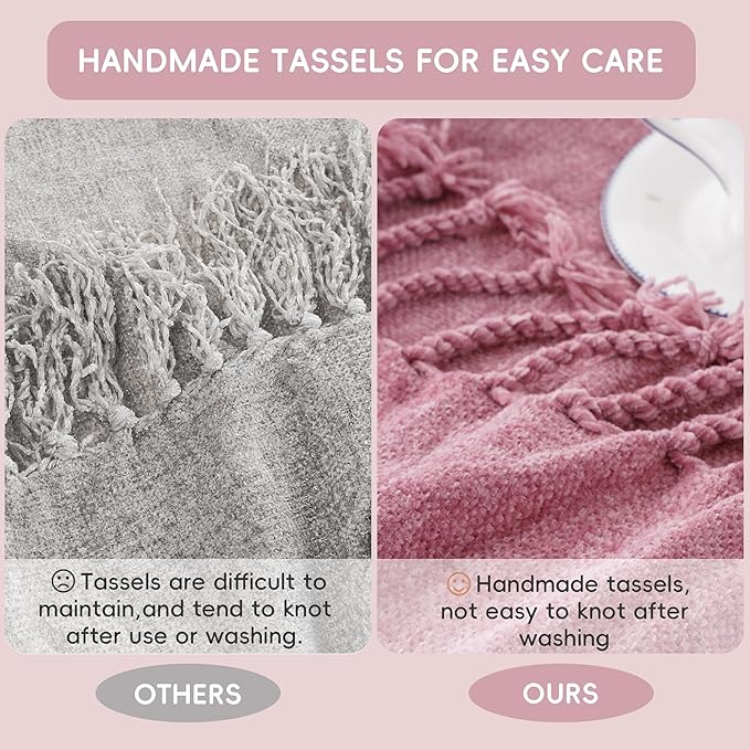BATTILO HOME Chenille Throw Blanket for Couch, Soft Cozy Throw Blanket with Fringe Tassels, Lightweight Knitted Throw for Spring Summer, Pink, 50"x60"