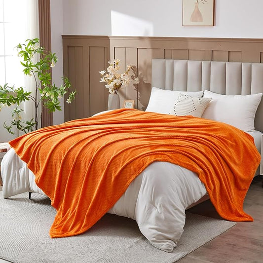 NEWCOSPLAY Super Soft Queen Blanket Orange Premium Silky Flannel Fleece Leaves Pattern Lightweight Bed Blanket All Season Use (Orange, Queen(90"x90"))