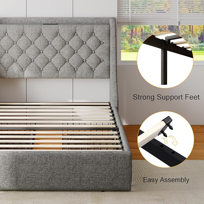 Twin Bed Frame with 4 Storage Drawers, Upholstered Bed Frame with Wingback Headboard, Charging Station, No Box Spring Needed, Easy Assembly, Light Grey