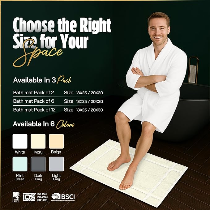 Pearl Linens Pack of 2 100% Cotton Bath Mat 18x25 inches, Soft & Absorbent Quick Dry Bathroom Mats Set, Not Bathroom Rugs, After Shower Mats, Bath Tub Mat, 687 GSM, Machine Washable, Ivory