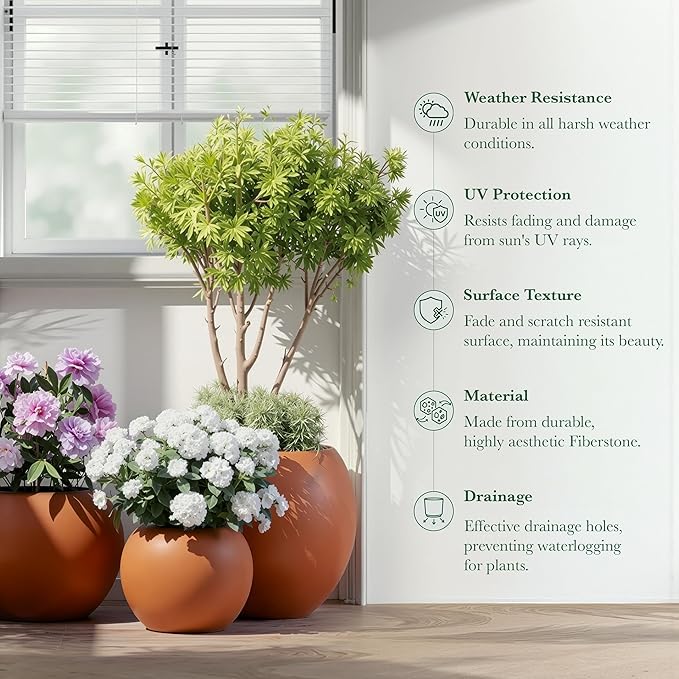 DTY Signature Mount Sherman Modern Indoor Outdoor Fiberstone Sphere Planter, Durable Round Garden Pot, Weather Resistant, Drainage Hole & Rubber Plug, Planter for Christmas Tree - Large, Terracotta