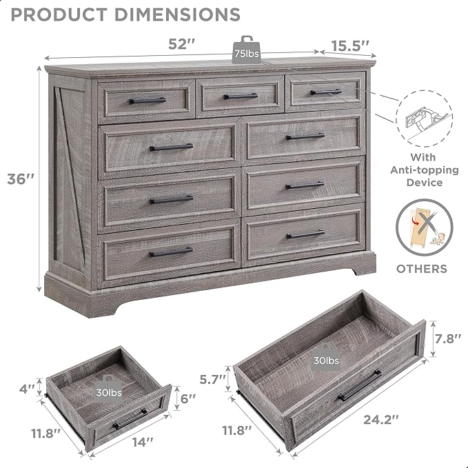 Farmhouse 9 Drawer Dresser for Bedroom, 36 Inch Tall Modern Dresser TV Stand with Large Drawers & Bar Handles, Rustic Wood Chest of Drawers for Bedroom, Living Room, Hallway, Grey