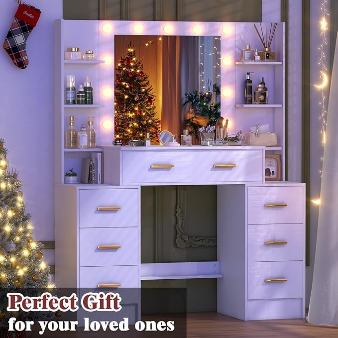 Vanity Desk with Mirror and Lights, Big Makeup Vanity Table Set with Drawers, White Vanity with Lighted Mirror for Bedroom, Dressing Table for Teen Girls and Adult Women, Gold