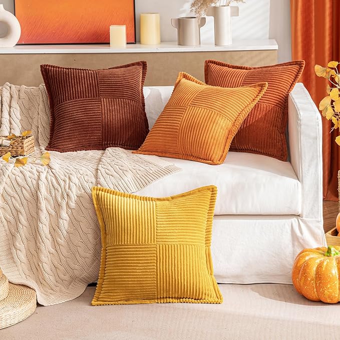 MIULEE Dark Rust Fall Decorative Throw Pillow Covers for Couch Bed Livingroom 16x16 Inch Set of 2 Boho Accent Throw Pllows Broadside Striped Patchwork Soft Corduroy Pillowcases