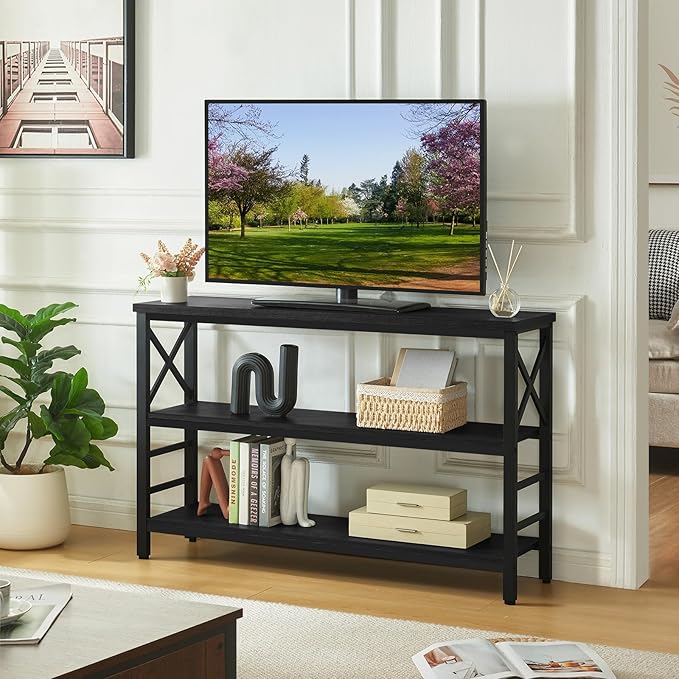 HOMBAZAAR Sofa Table,Industrial Console Table with Storage,Entryway Table with Engineered Wood and Metal,3 Tier Shelf for Living Room,Hallway,Black,47 Inch