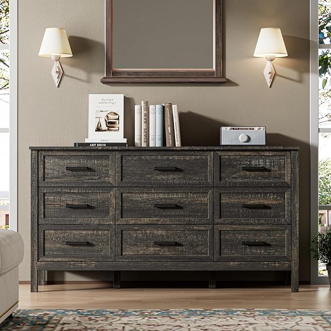 LYNSOM Farmhouse 9 Drawers Dresser for Bedroom, 55" Wide Wood Rustic Chest of Drawers with Natural Texture, Metal Handle, Storage Dressers Organizer for Entryway, Hallway, Dark Rustic Oak