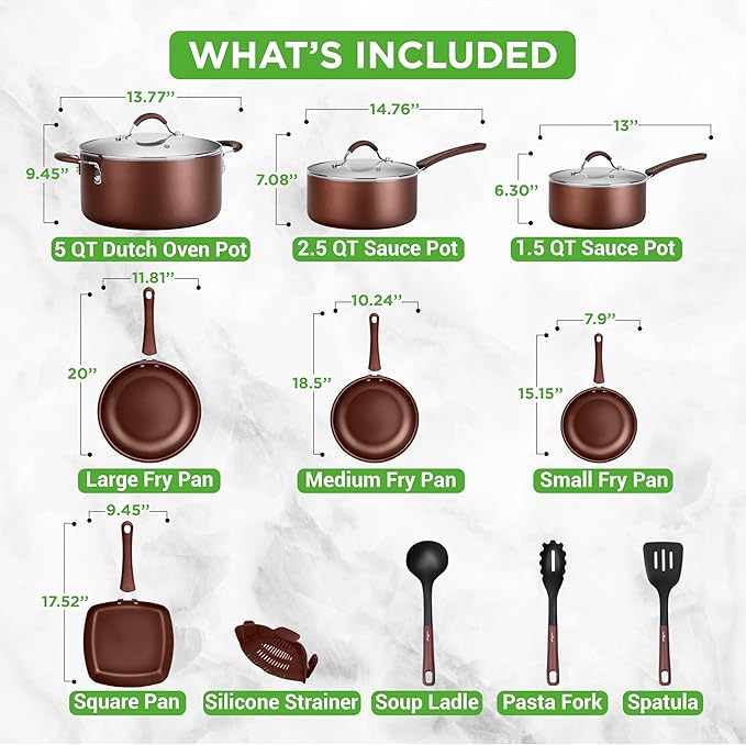 20-Piece Nonstick Kitchen Cookware Set - PTFE/PFOA/PFOS-Free Heat Resistant Silicone Handles Cookware Bakeware Pan Set w/Saucepan, Frying Pans, Cooking Pots, Oven Pot, Lids, Utensil, Brown- NCCW20SBR
