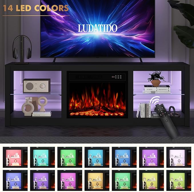 Ludatido 70 Inch Fireplace TV Stand with 23" Fireplace Insert, Entertainment Center with 14-Color LED Lights, Open Storage, Adjustable Glass Shelves, Black TV Stand for Living Room Fits up to 80" TVs