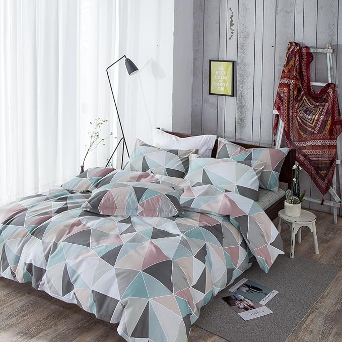 mixinni Full Comforter Set for Men Boys Simple Style Modern Geometric Colorful Triangle Patterned Comforter for All Season, 1 Fluffy Comforter and 2 Pillow Shams-Full Size