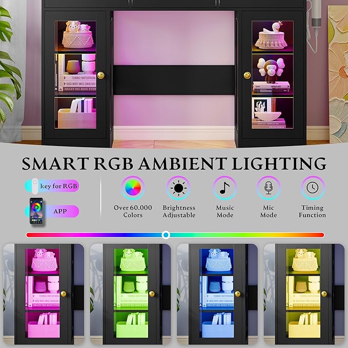 Makeup Vanity Desk with HD Lighted Mirror & Power Outlet, Glass Top Vanity Table Set with Storage Drawers & RGB Cabinets, Large Dressing Table with 3 Lighting Modes for Bedroom Women Girls Kids, Black