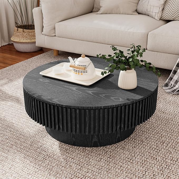 Round Coffee Table for Living Room, Accent Fluted Drum Coffee Table with Storage, Modern Solid Wood Veneered Circle Center Tea Table for Small Space Apartment (31.5''D×14''H-Black)