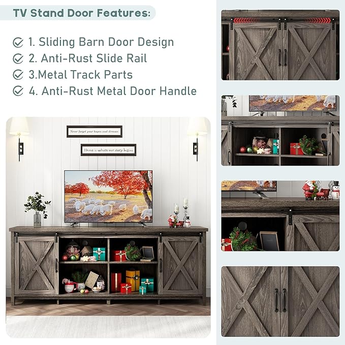 70In Farmhouse TV Stands for 70 75 80inch TV w/Adjustable Shelves,Sliding Barn Door.Rustic Wooden Entertainment Center,TV Console Grey Cabinet w/Storage for Bedroom Living Room(Dark Grey 70in)