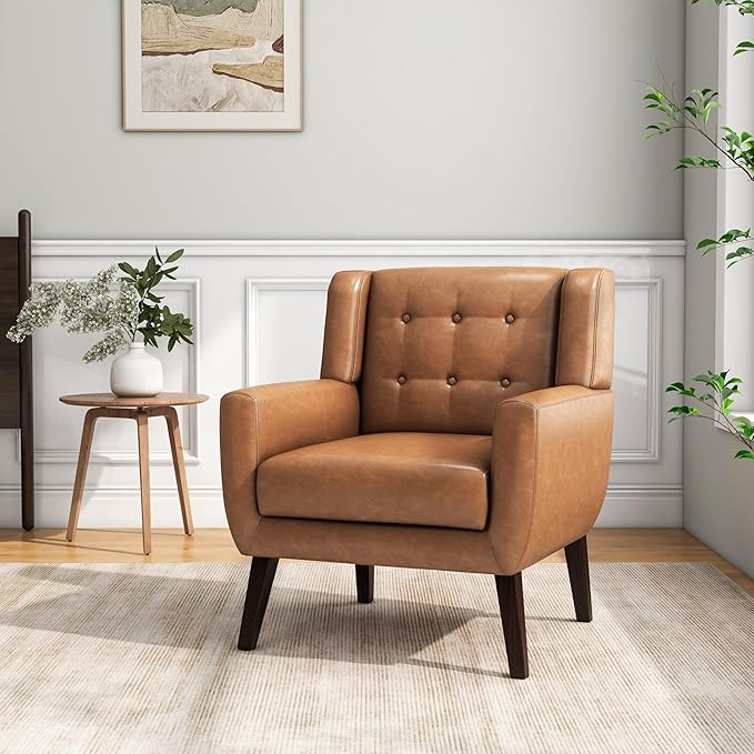 Accent Chair, Mid-Century Modern PU Leather Chairs with Arms for Living Room, Comfy Upholstered Club Single Sofa Armchair for Bedroom Waiting Room with Solid Wood Frame（Leather Brown, Set of 2)