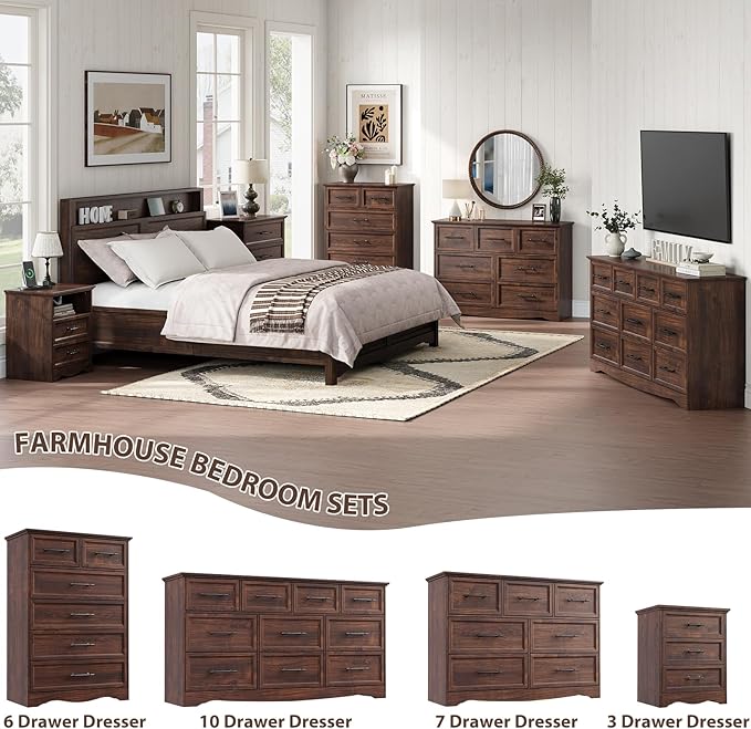 Walnut Nightstand with Charging Station, Farmhouse End Table with 2 Drawers Storage, Wooden Night Stand, Bedside Table with Open Shelf, Bedside Cabinet for Bedroom, Living Room