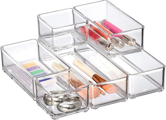 Amazing Abby - QuickSort - Plastic Stackable Organizers (6-Piece Set) for Vanity and Desk Drawer, Perfect Storage Solution for Beauty Products, Office Supplies, Decorative Items, and More