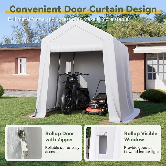 Aoxun 6x8x7 FT Outdoor Portable Storage Shed Tent with Roll-up Zipper Door and Window Portable Carport with Waterproof Tarp Galvanized Steel for Motorcycle, Generator, Bike Storage (White)