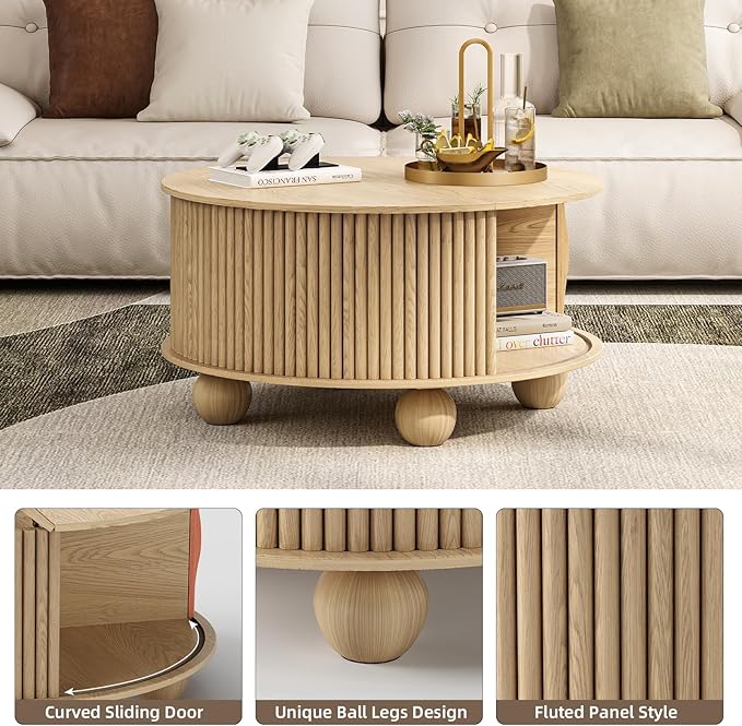 Round Coffee Table with Storage, 31.5" Mid-Century Modern Center Table with Sliding Door, Fluted Lift Up Coffee Table with Bun Feet, Wood Coffee Tables for Living Room, Home Small Space, Oak