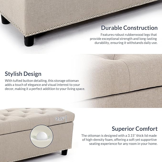 BELLEZE 47" Storage Ottoman, Storage Bench with Safety Close Hinge, Linen Button-Tufted Ottoman for Living Room, Entryway, Hallway, Foot Rest, Support 300lbs - Beige