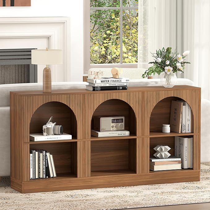 Console Table with 3-Tier Open Storage, 63" Arched Entryway Table with Carved Fluted Panels, Rectangular Wooden Sofa Table for Living Room, Hallway, or Behind Couch (1, Walnut)