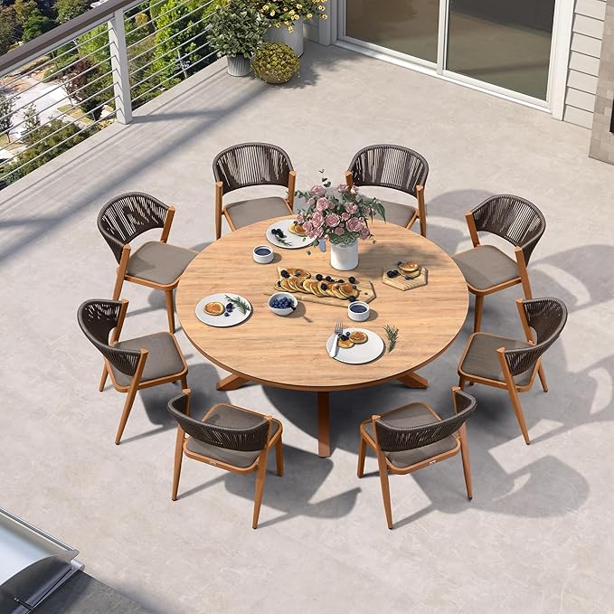 PURPLE LEAF 9 Pieces Round Outdoor Dining Set Large Outdoor Dining Table and Chairs Aluminum Wicker Rattan Patio Furniture Set for Lawn Porch Deck Brown