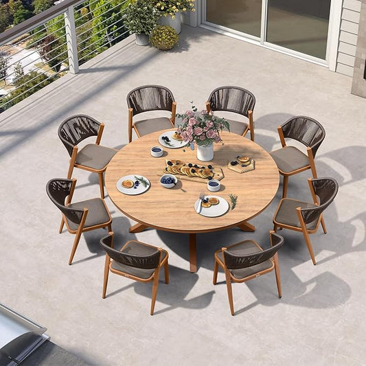 PURPLE LEAF 9 Pieces Round Outdoor Dining Set Large Outdoor Dining Table and Chairs Aluminum Wicker Rattan Patio Furniture Set for Lawn Porch Deck Brown