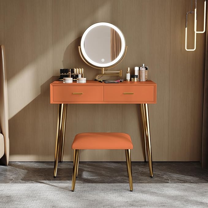 IKuinen Makeup Vanity Desk with Mirror and Lights, Small Vanity Table with 2 Drawers, Stool,Vanity Set for Bedroom with Microfiber Leather, 3 Lighting Modes - 31.5In Orange