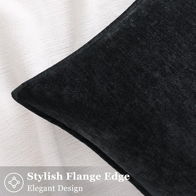 decorUhome Couch Throw Pillow Covers 12x20 Set of 2, Decorative Soft Euro Neutral Chenille Lumbar Pillow Covers with Elegant Design for Sofa Bed Living Room Home Decor, Black