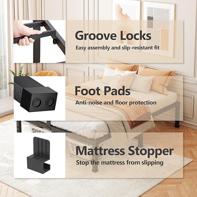 FUIOBYVV King Size Bed Frame,10 Inch Low-Profile Metal Platform with Steel Slats,Heavy Duty 3500lbs Support,No Box Spring Needed,Non-Slip Mattress Stopper,Underbed Space,Quiet and Sturdy,Easy Assembly